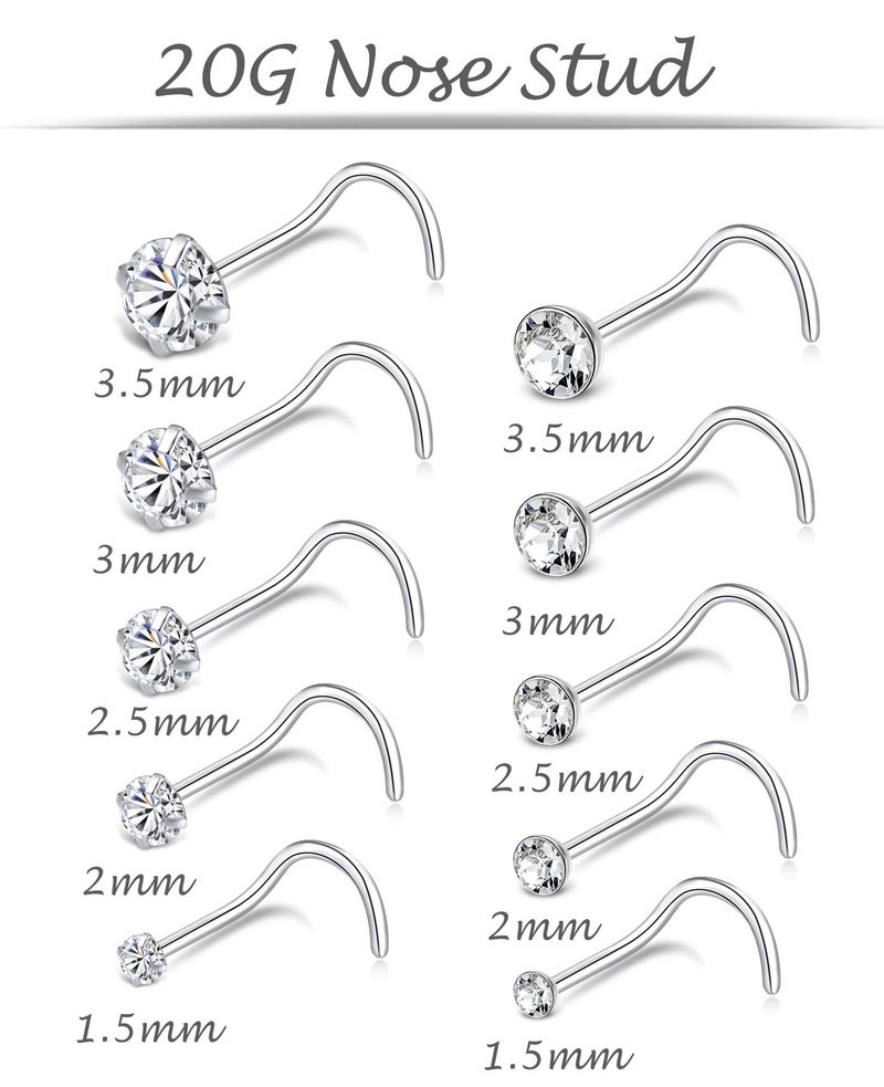 Tornito 20G 10Pcs Stainless Steel Screw Shaped Nose Studs Rings CZ Nose Ring Labret Nose Piercing Jewelry for Men Women Silver Tone 1.5mm-2mm-2.5mm-3mm-3.5mm CZ - Image 3
